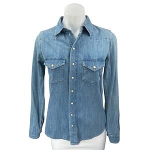 Topshop Moto Blue Chambray Button Down Long Sleeve Denim Jeans Shirt Jacket Sz 2